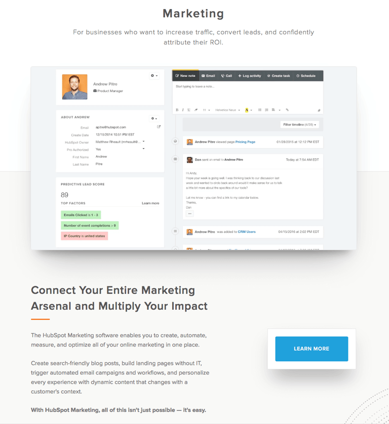 Conversion Rate Improvement Example: Inbound marketing website design allows HubSpot to guide visitors through the funnel.